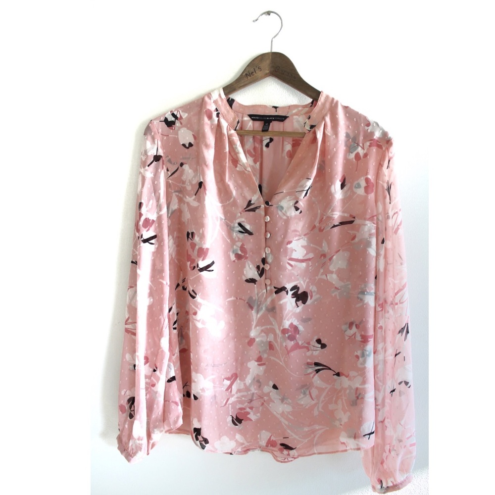 WHBM Textured Pale Pink Long Sleeve Button Embellished Blouse 10 Preowned
